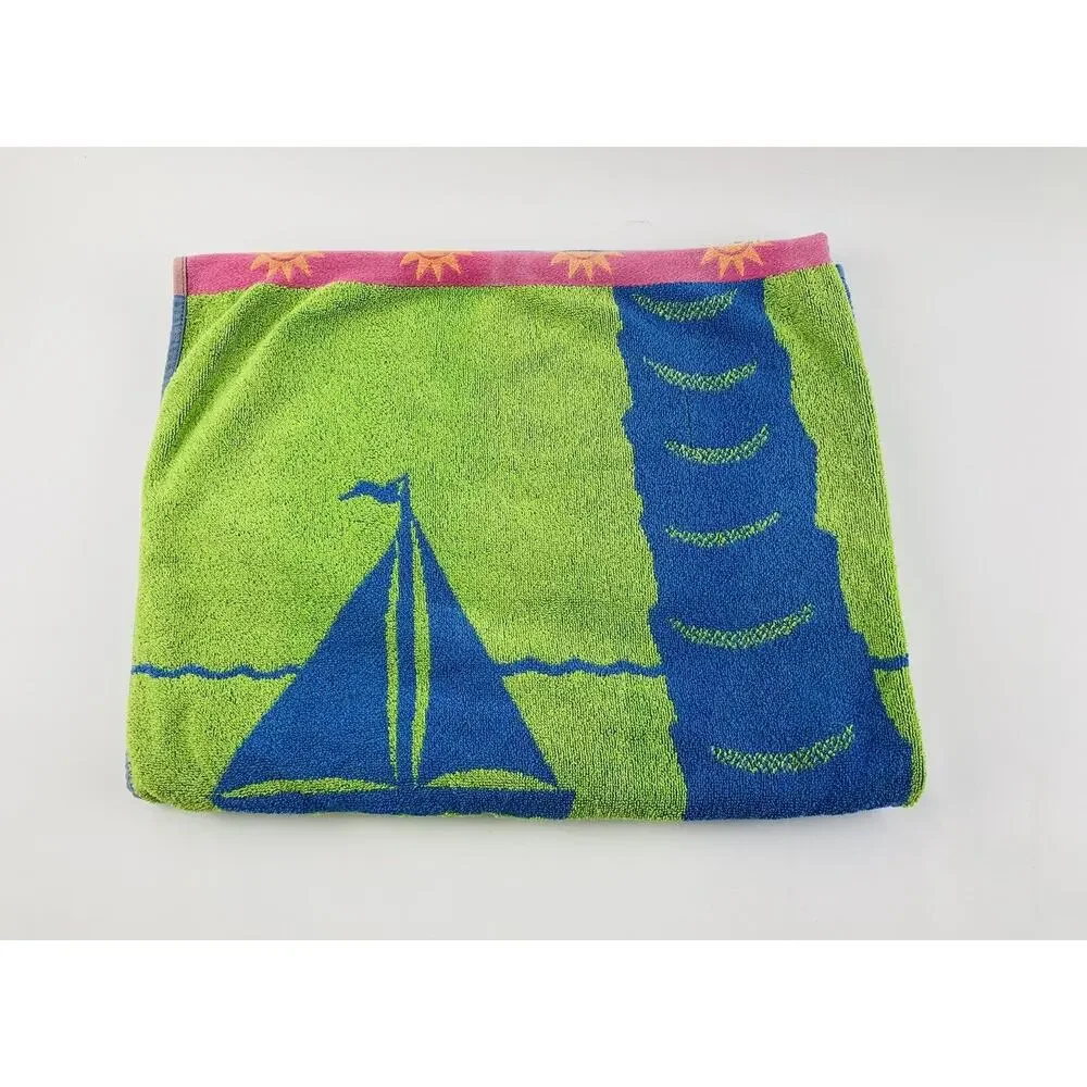 Vtg Beach Towel Palm Tree Sailboats Santens Cotton USA Large Green Blue Sunshine
